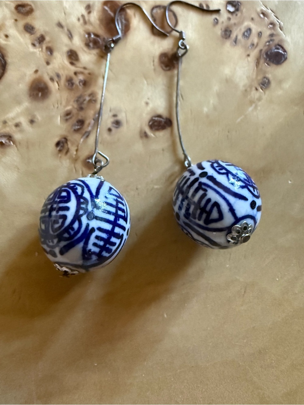 Blue and White Porcelain Bead Drop Earrings - Women Jewelry